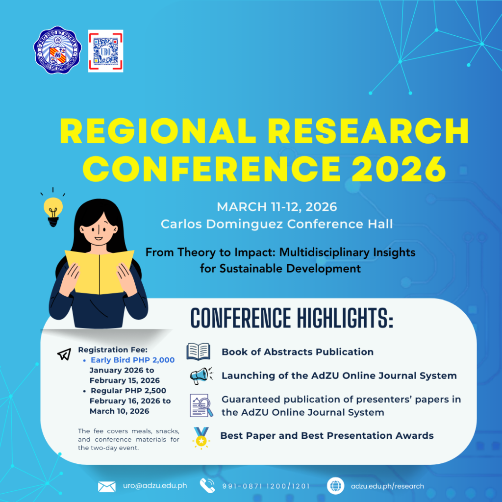 𝐀𝐭𝐞𝐧𝐞𝐨 𝐝𝐞 𝐙𝐚𝐦𝐛𝐨𝐚𝐧𝐠𝐚 𝐔𝐧𝐢𝐯𝐞𝐫𝐬𝐢𝐭𝐲 𝐰𝐢𝐥𝐥 𝐡𝐨𝐥𝐝 𝐚 𝐑𝐞𝐠𝐢𝐨𝐧𝐚𝐥 𝐑𝐞𝐬𝐞𝐚𝐫𝐜𝐡 𝐂𝐨𝐧𝐟𝐞𝐫𝐞𝐧𝐜𝐞 𝐨𝐧 𝐌𝐚𝐫𝐜𝐡 𝟏𝟏-𝟏𝟐, 𝟐𝟎𝟐𝟔! 𝐘𝐨𝐮 𝐚𝐫𝐞 𝐢𝐧𝐯𝐢𝐭𝐞𝐝 𝐭𝐨 𝐩𝐚𝐫𝐭𝐢𝐜𝐢𝐩𝐚𝐭𝐞!