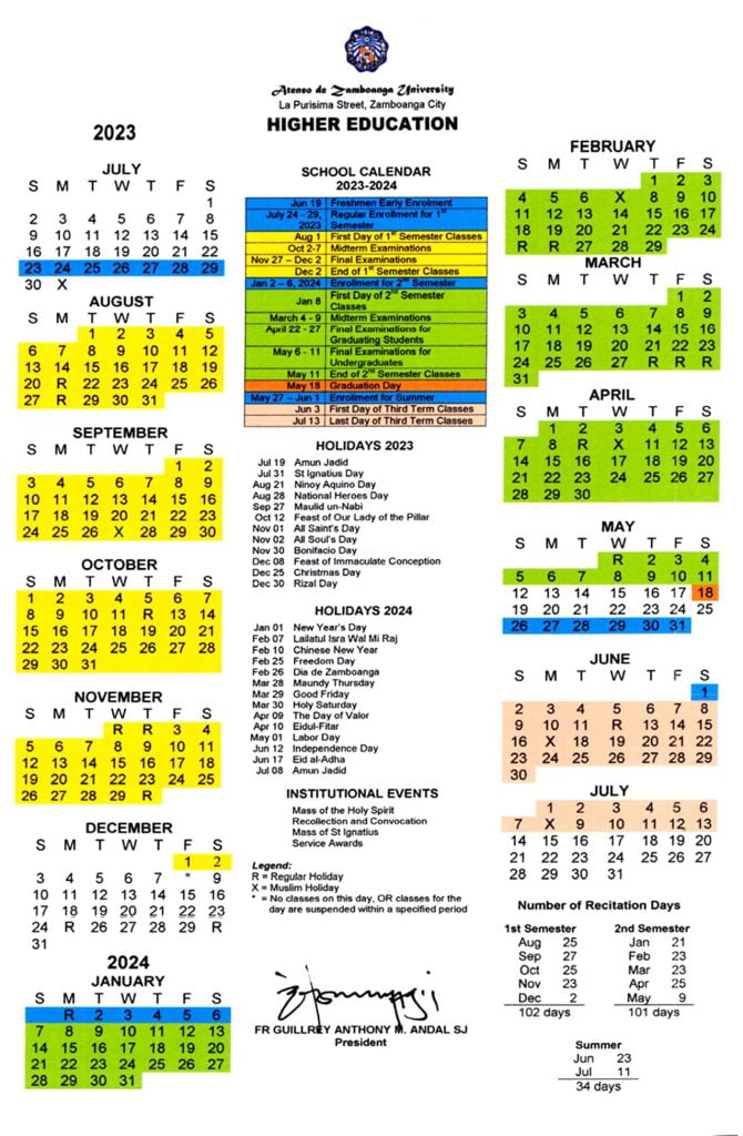 Academic Calendar for Higher Education Ateneo de Zamboanga University