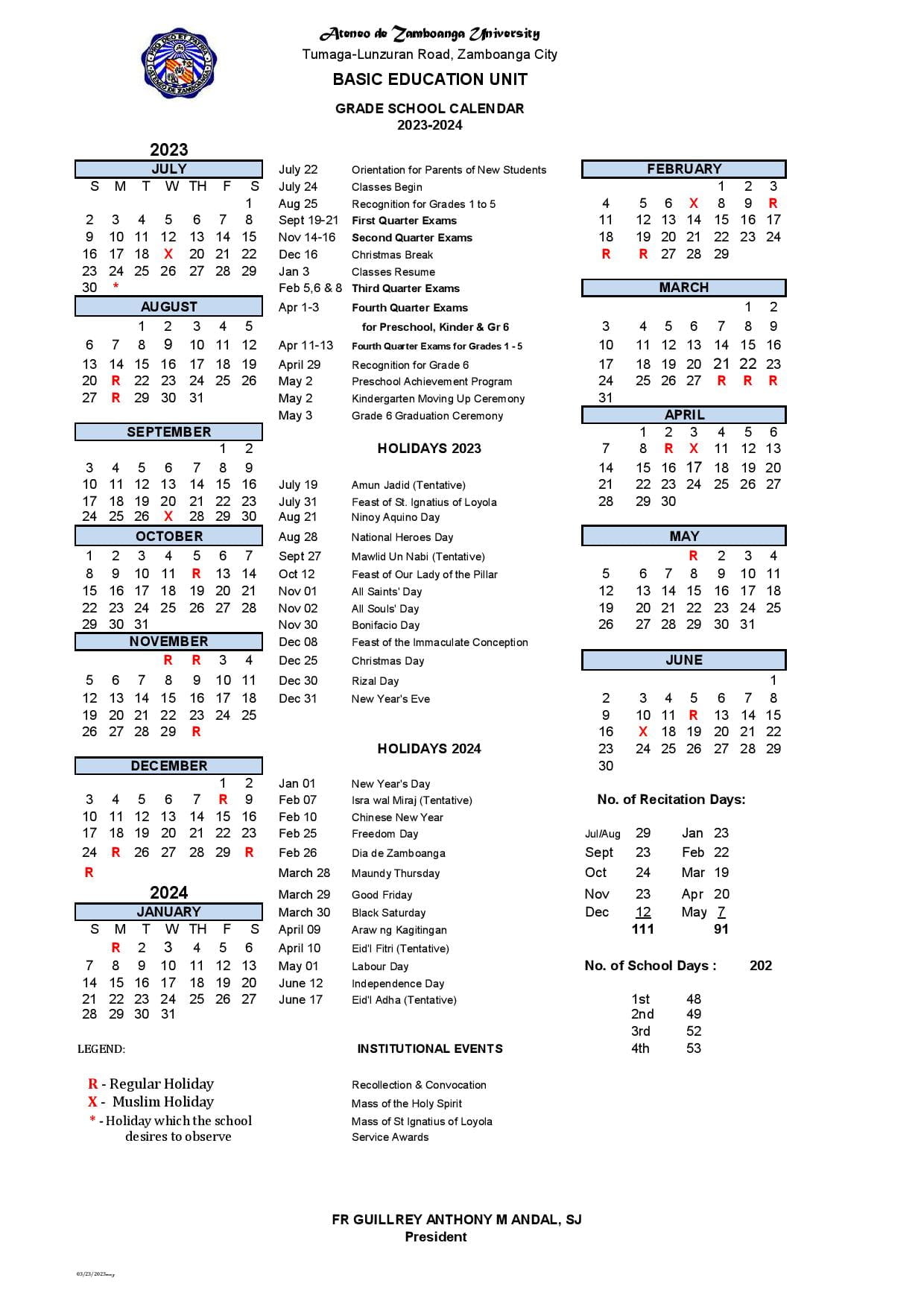 Academic Calendar for Grade School Ateneo de Zamboanga University